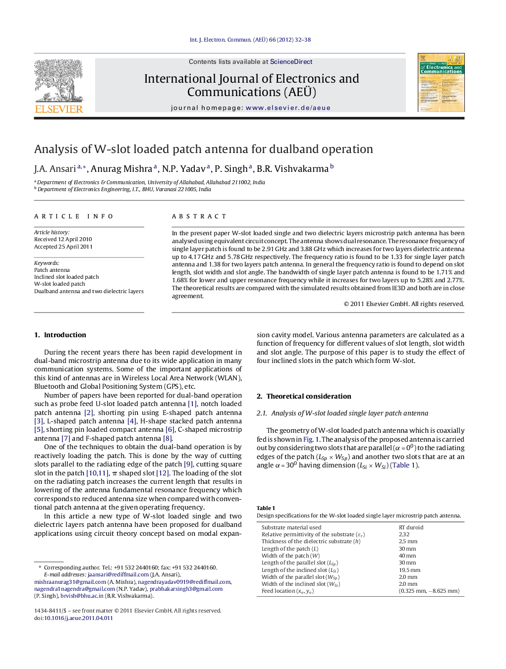 Analysis of W-slot loaded patch antenna for dualband operation