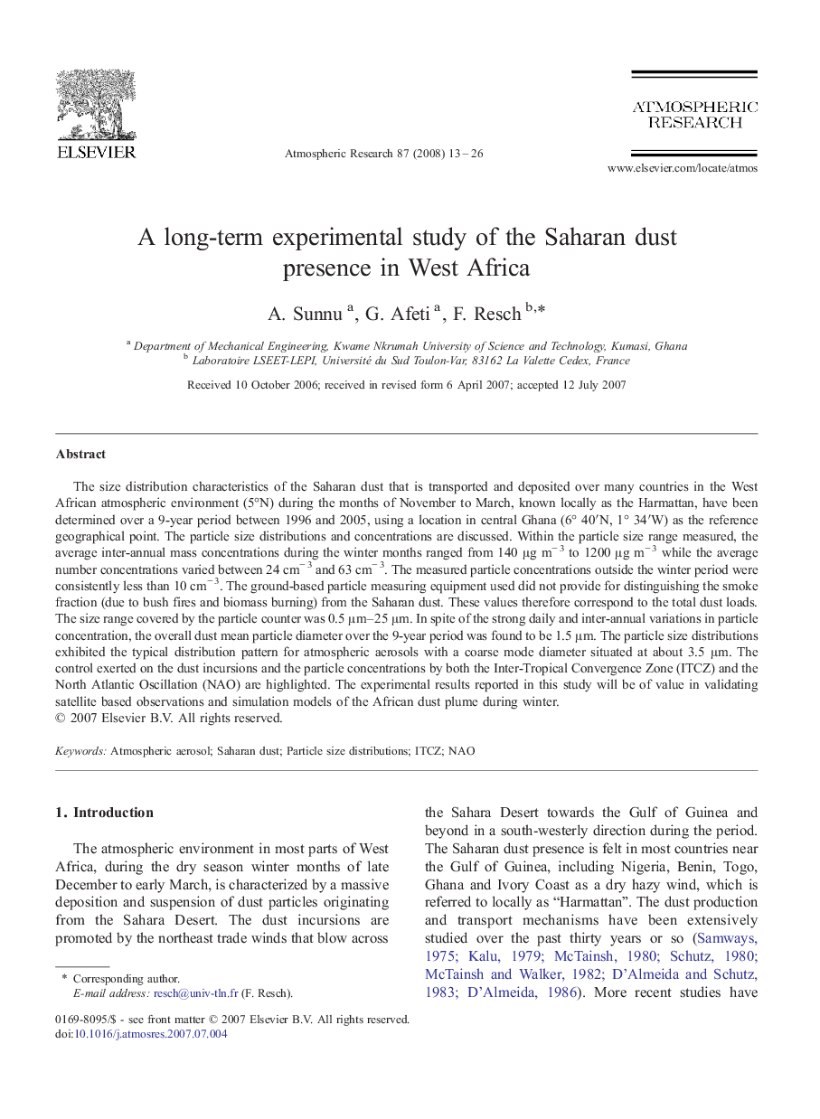 A long-term experimental study of the Saharan dust presence in West Africa