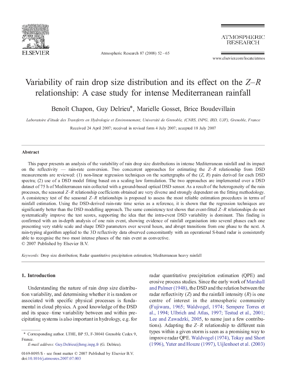 Variability of rain drop size distribution and its effect on the Z–R relationship: A case study for intense Mediterranean rainfall