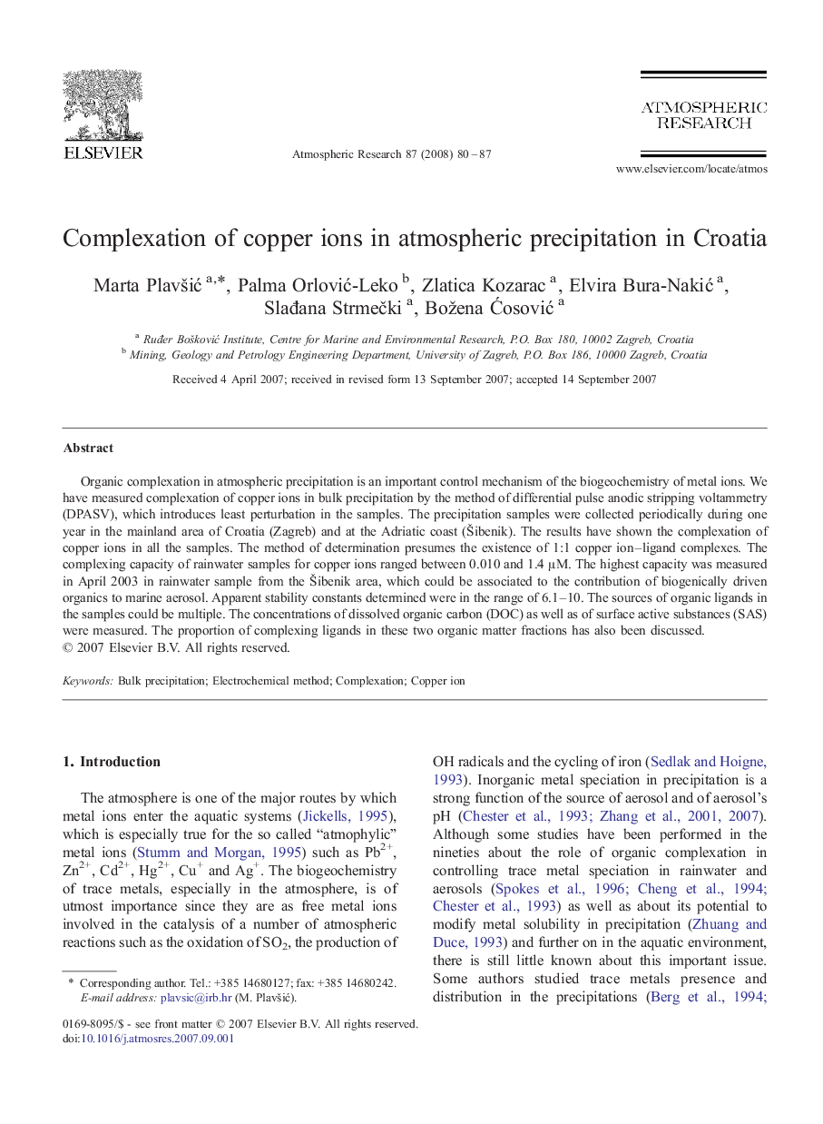 Complexation of copper ions in atmospheric precipitation in Croatia