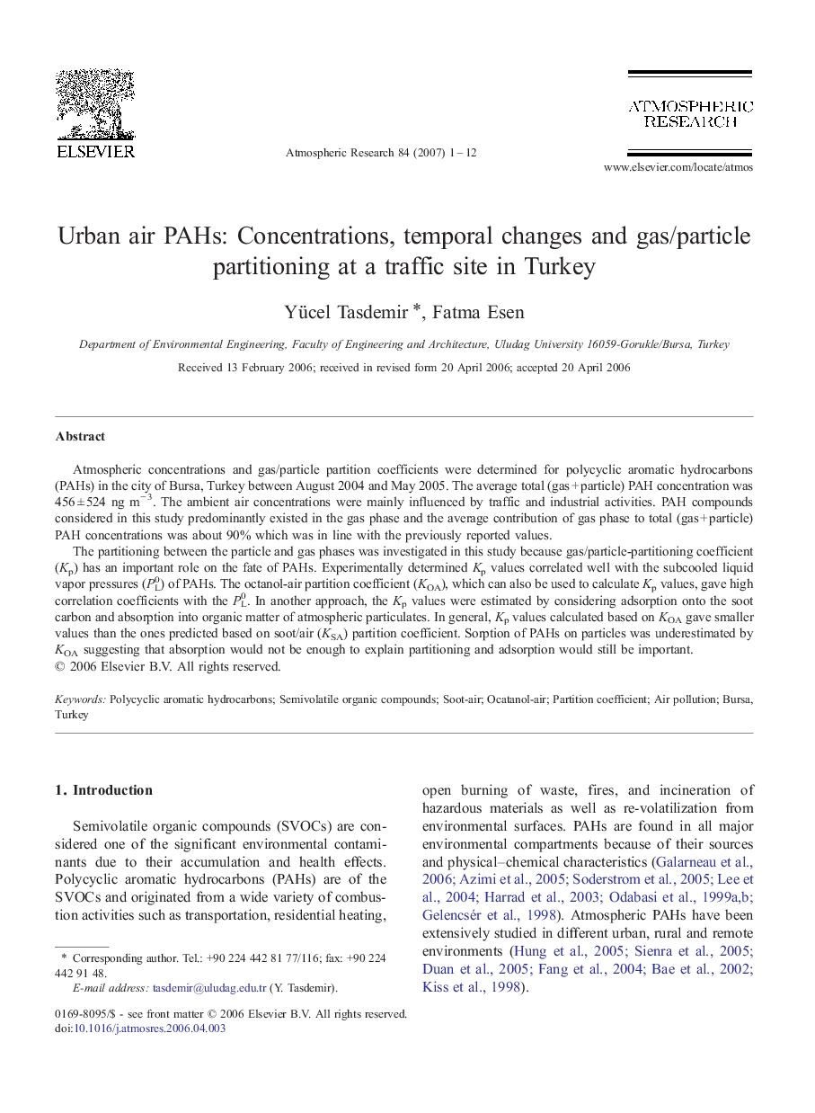 Urban air PAHs: Concentrations, temporal changes and gas/particle partitioning at a traffic site in Turkey