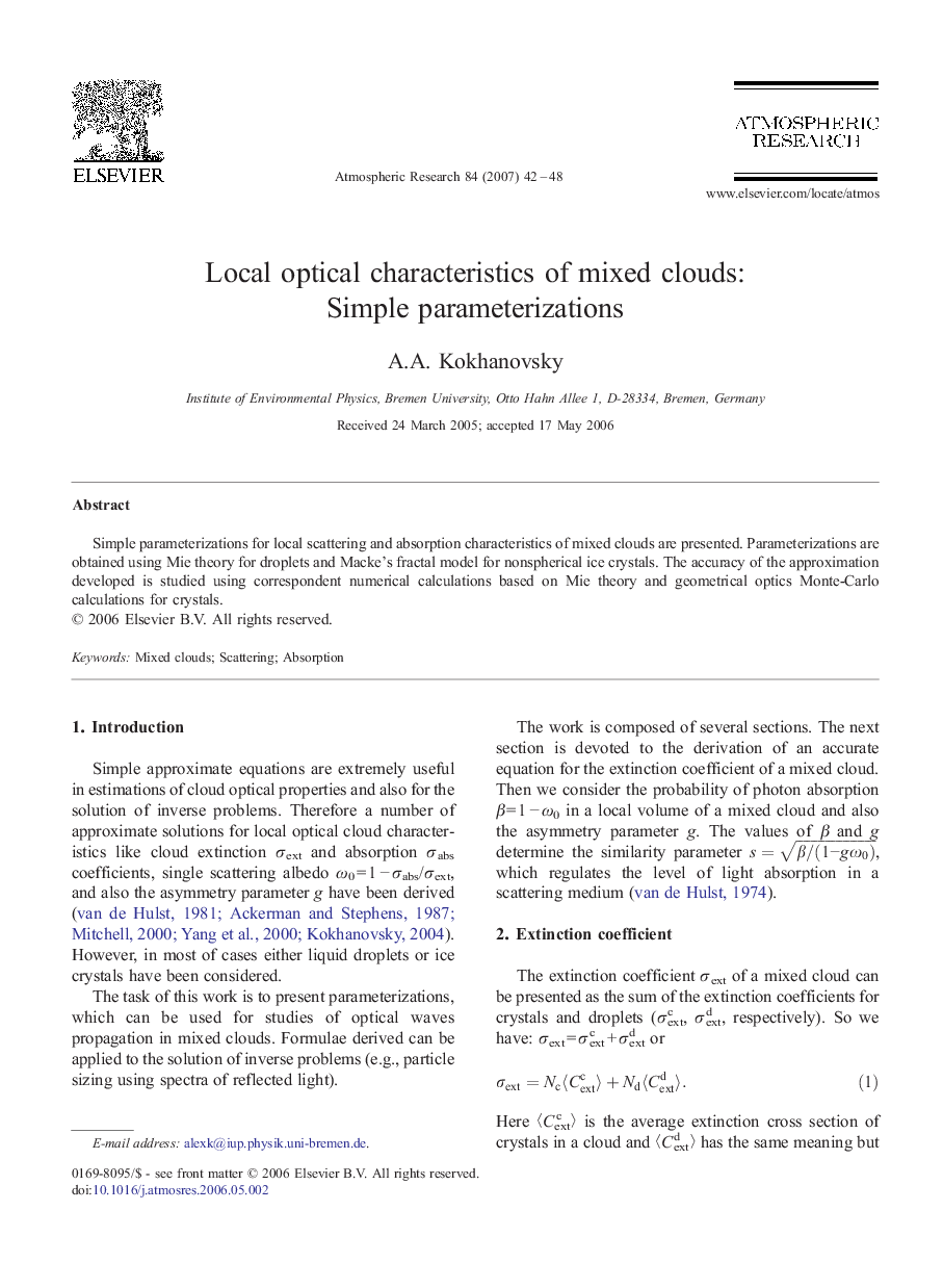Local optical characteristics of mixed clouds: Simple parameterizations