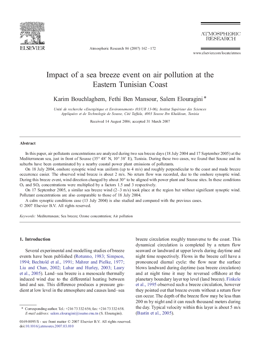 Impact of a sea breeze event on air pollution at the Eastern Tunisian Coast