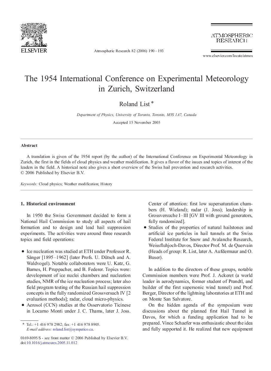 The 1954 International Conference on Experimental Meteorology in Zurich, Switzerland