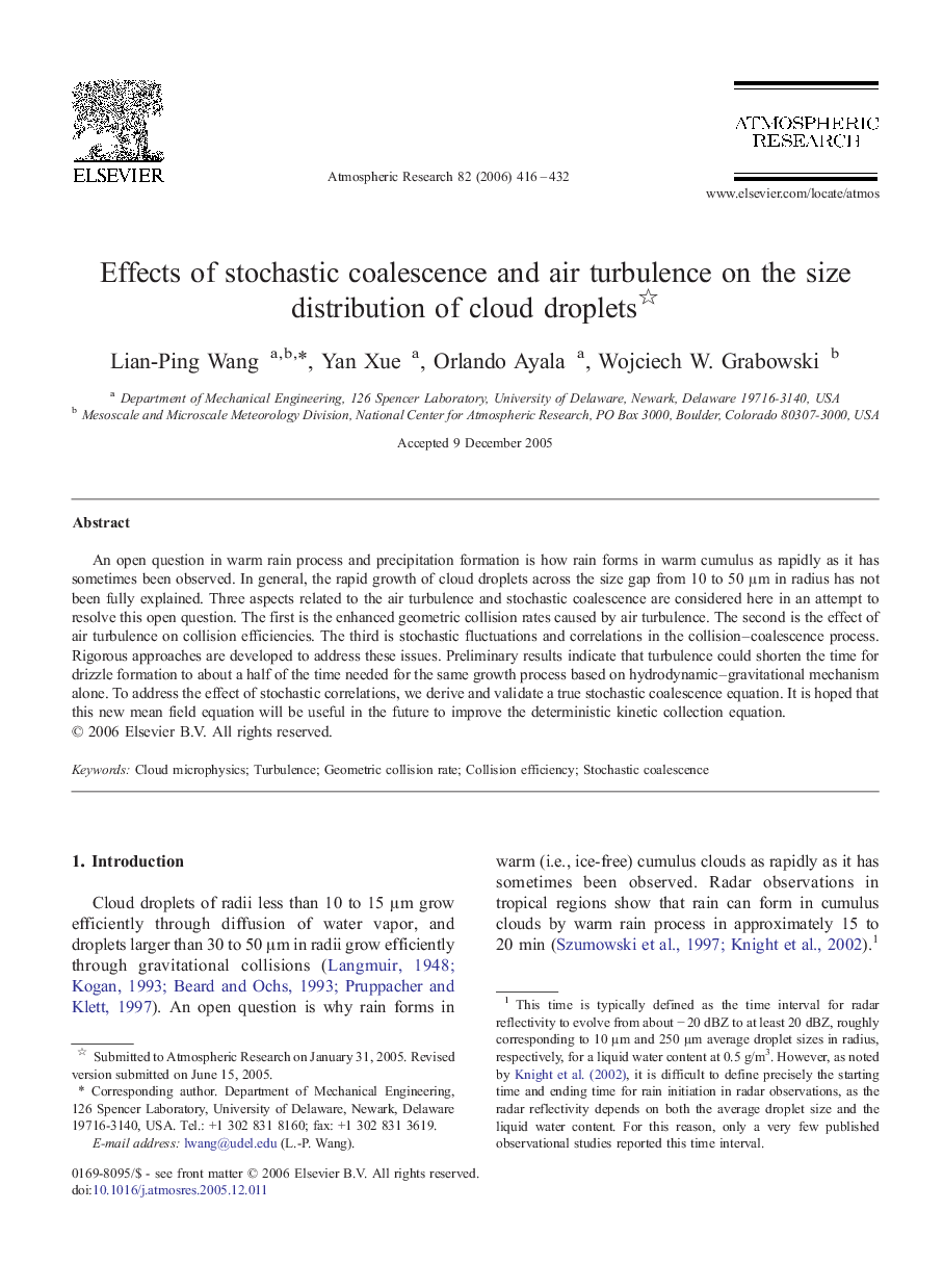 Effects of stochastic coalescence and air turbulence on the size distribution of cloud droplets 