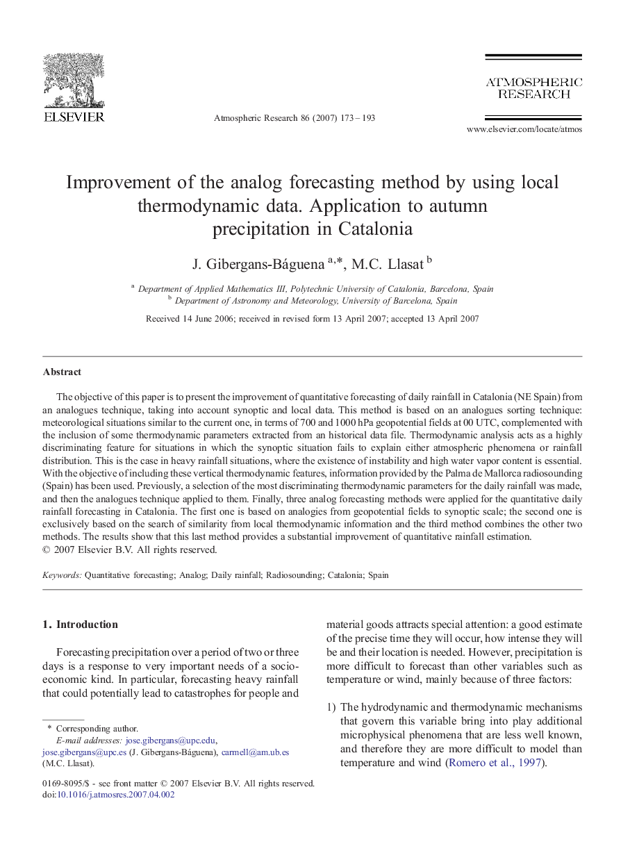 Improvement of the analog forecasting method by using local thermodynamic data. Application to autumn precipitation in Catalonia