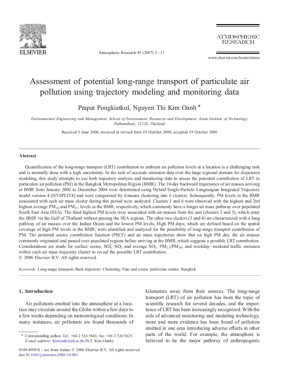 Assessment of potential long-range transport of particulate air pollution using trajectory modeling and monitoring data