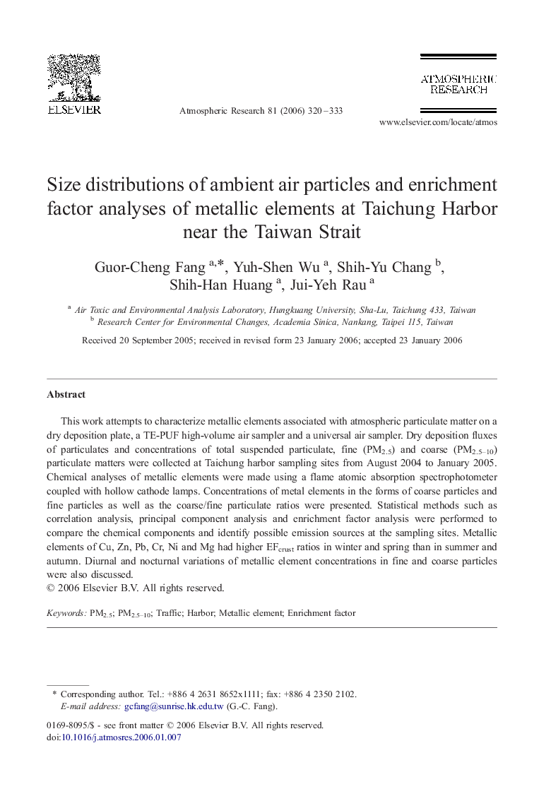 Size distributions of ambient air particles and enrichment factor analyses of metallic elements at Taichung Harbor near the Taiwan Strait