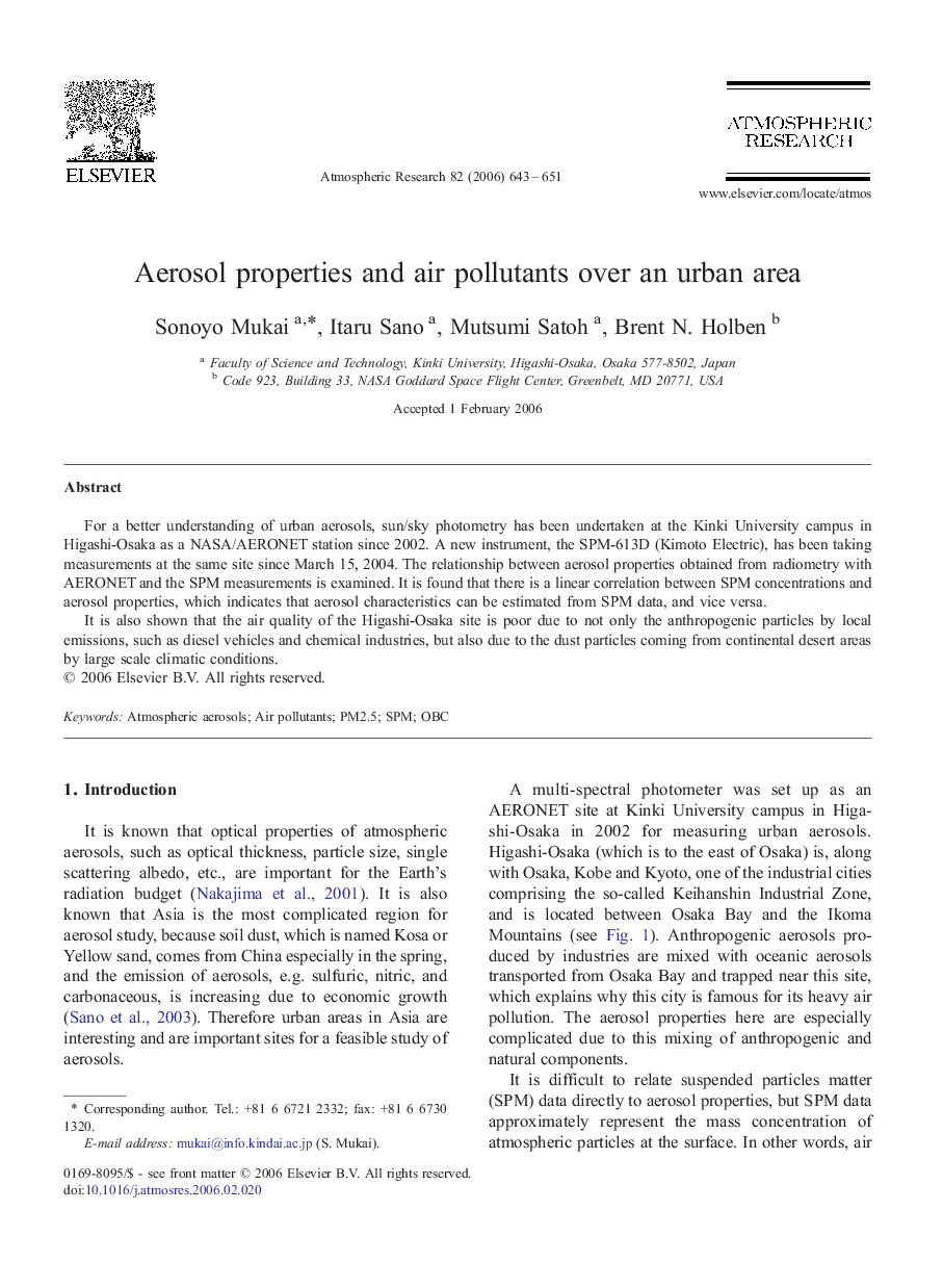 Aerosol properties and air pollutants over an urban area