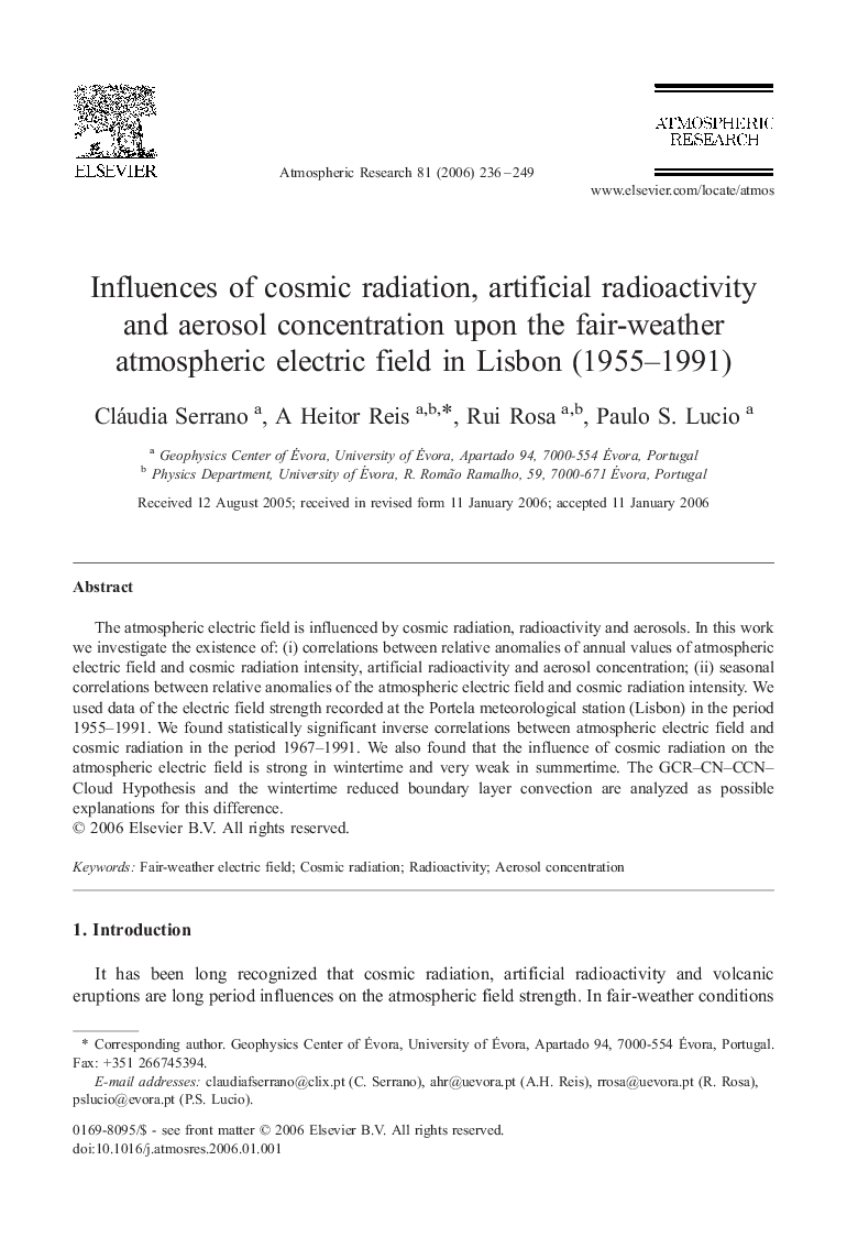 Influences of cosmic radiation, artificial radioactivity and aerosol concentration upon the fair-weather atmospheric electric field in Lisbon (1955–1991)