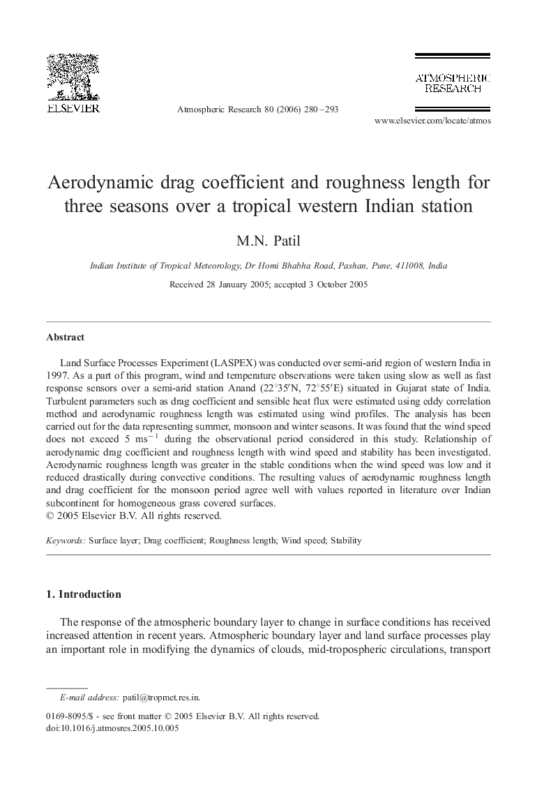 Aerodynamic drag coefficient and roughness length for three seasons over a tropical western Indian station