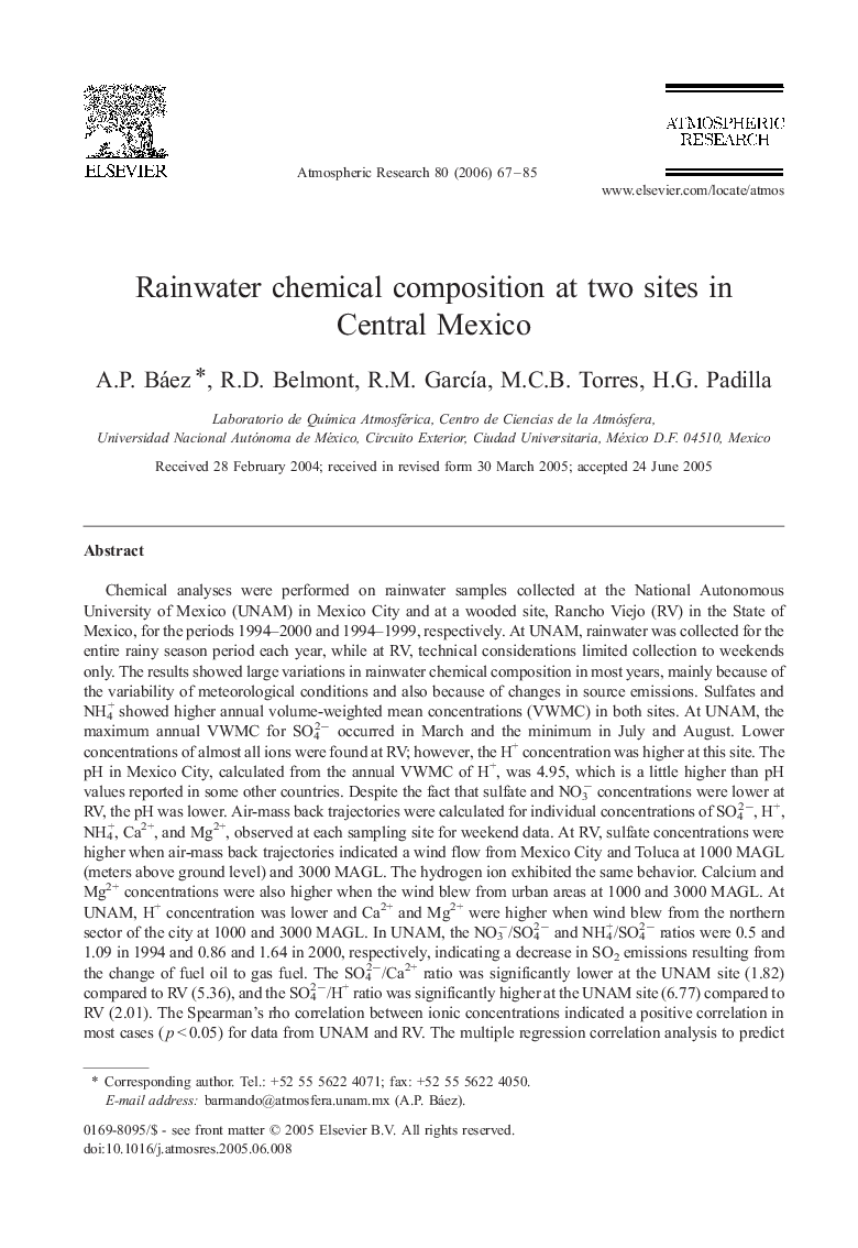 Rainwater chemical composition at two sites in Central Mexico