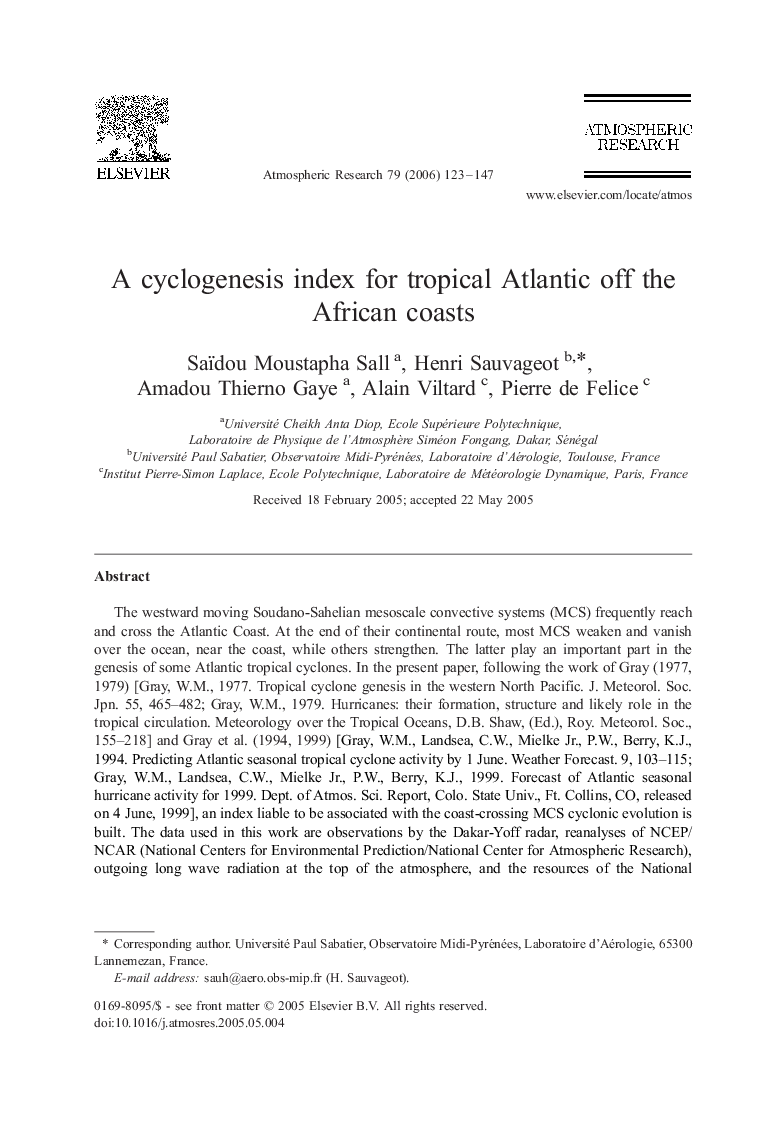 A cyclogenesis index for tropical Atlantic off the African coasts