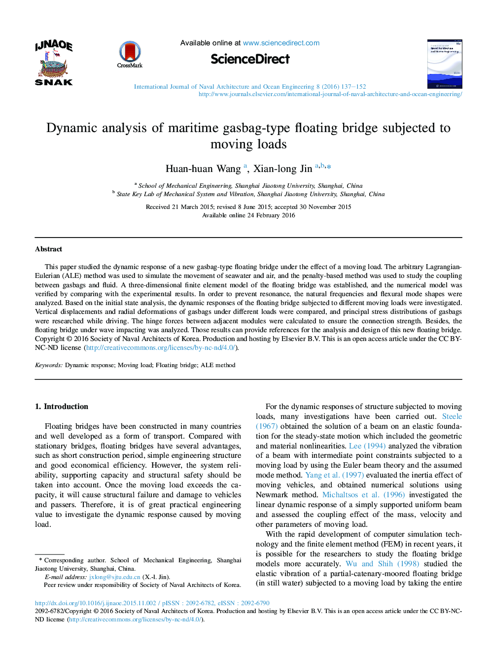 Dynamic analysis of maritime gasbag-type floating bridge subjected to moving loads 