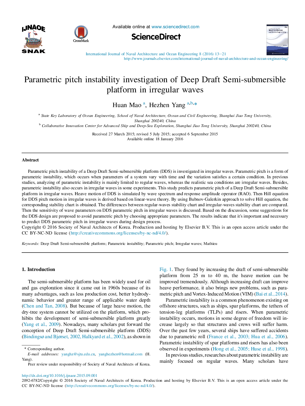 Parametric pitch instability investigation of Deep Draft Semi-submersible platform in irregular waves 