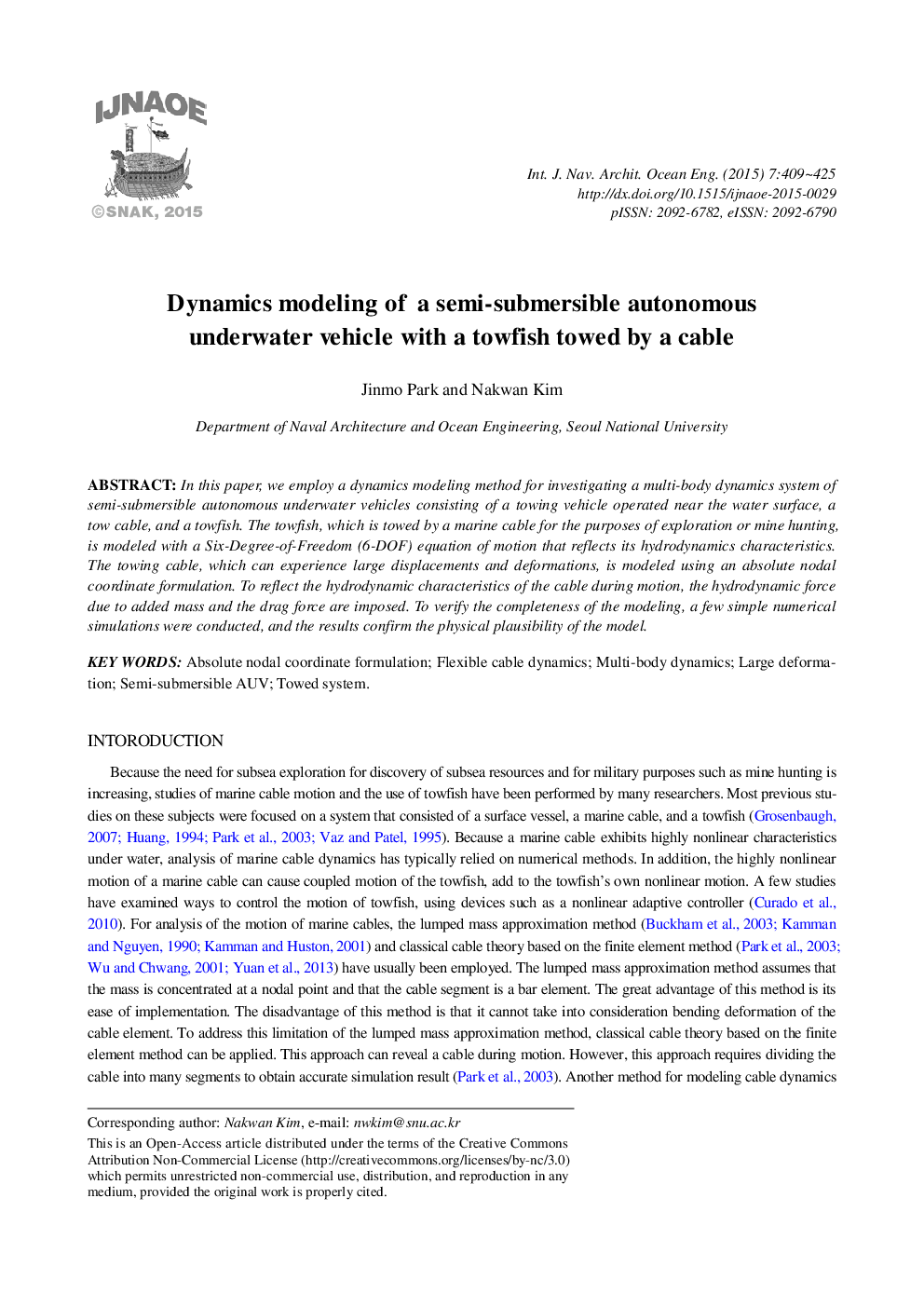 Dynamics modeling of a semi-submersible autonomous underwater vehicle with a towfish towed by a cable 