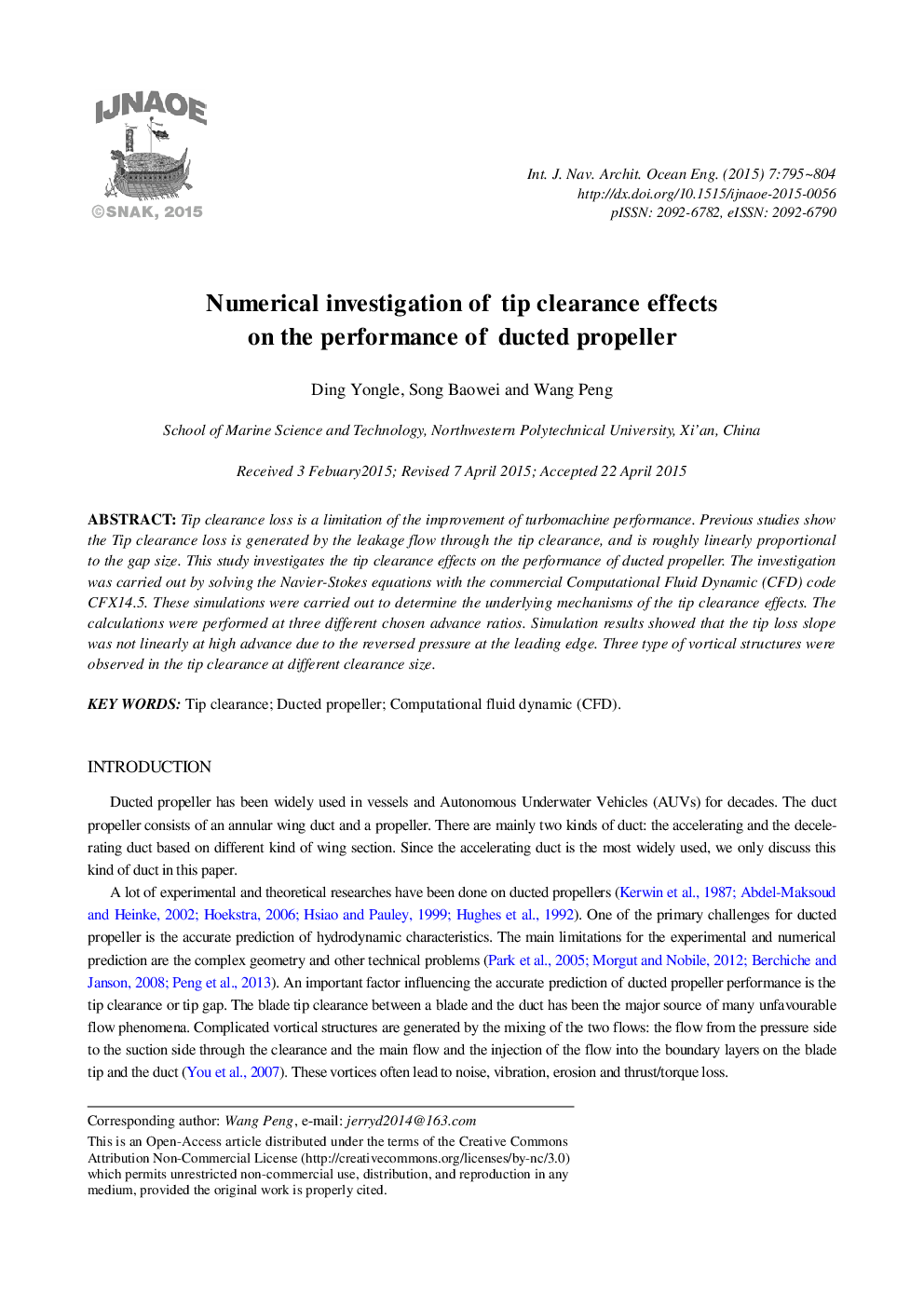 Numerical investigation of tip clearance effects on the performance of ducted propeller 