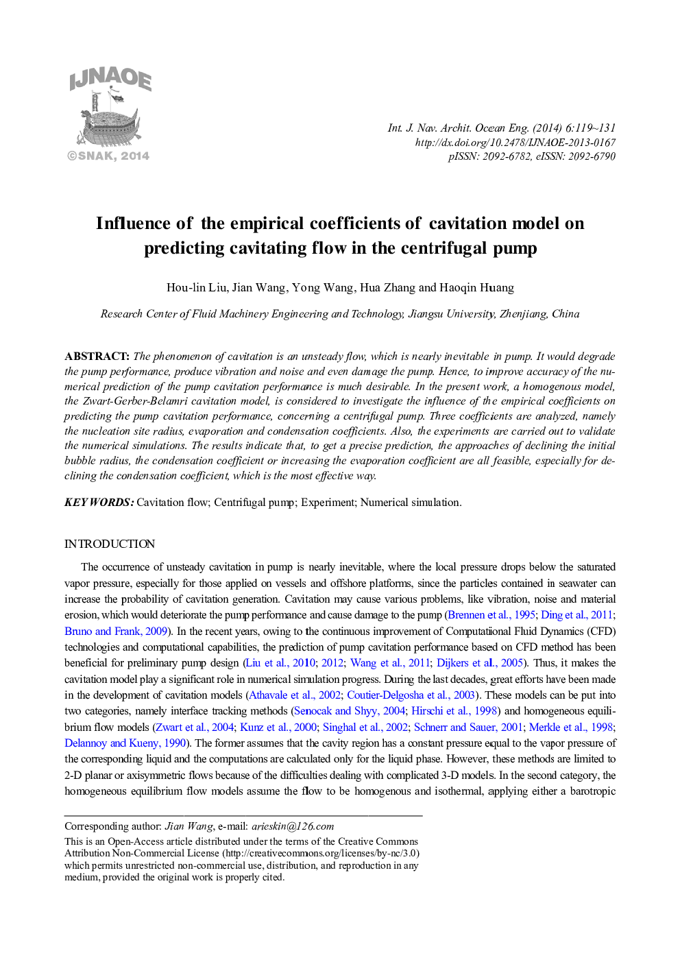 Influence of the empirical coefficients of cavitation model on predicting cavitating flow in the centrifugal pump