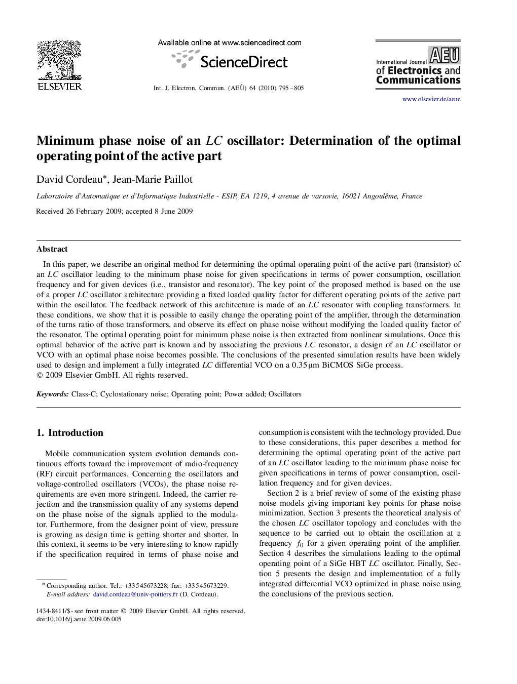 Minimum phase noise of an LC oscillator: Determination of the optimal operating point of the active part