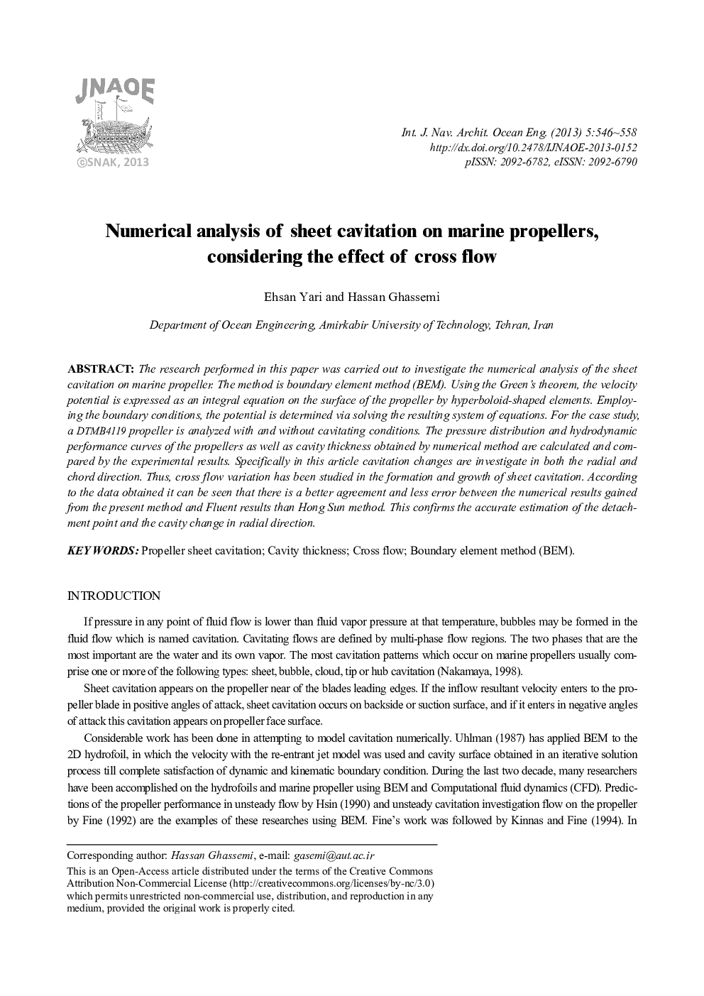 Numerical analysis of sheet cavitation on marine propellers, considering the effect of cross flow