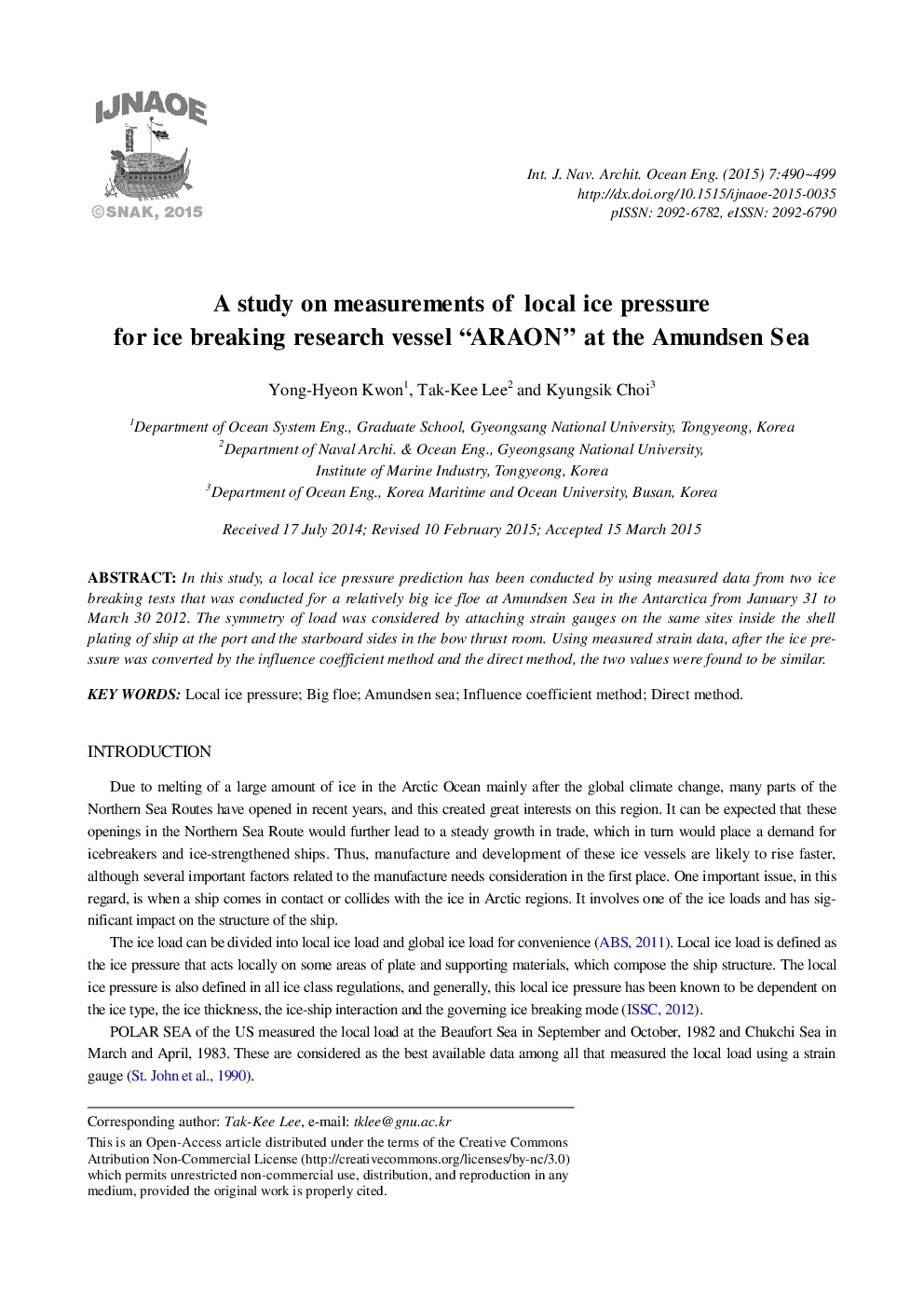 A study on measurements of local ice pressure for ice breaking research vessel “ARAON” at the Amundsen Sea 