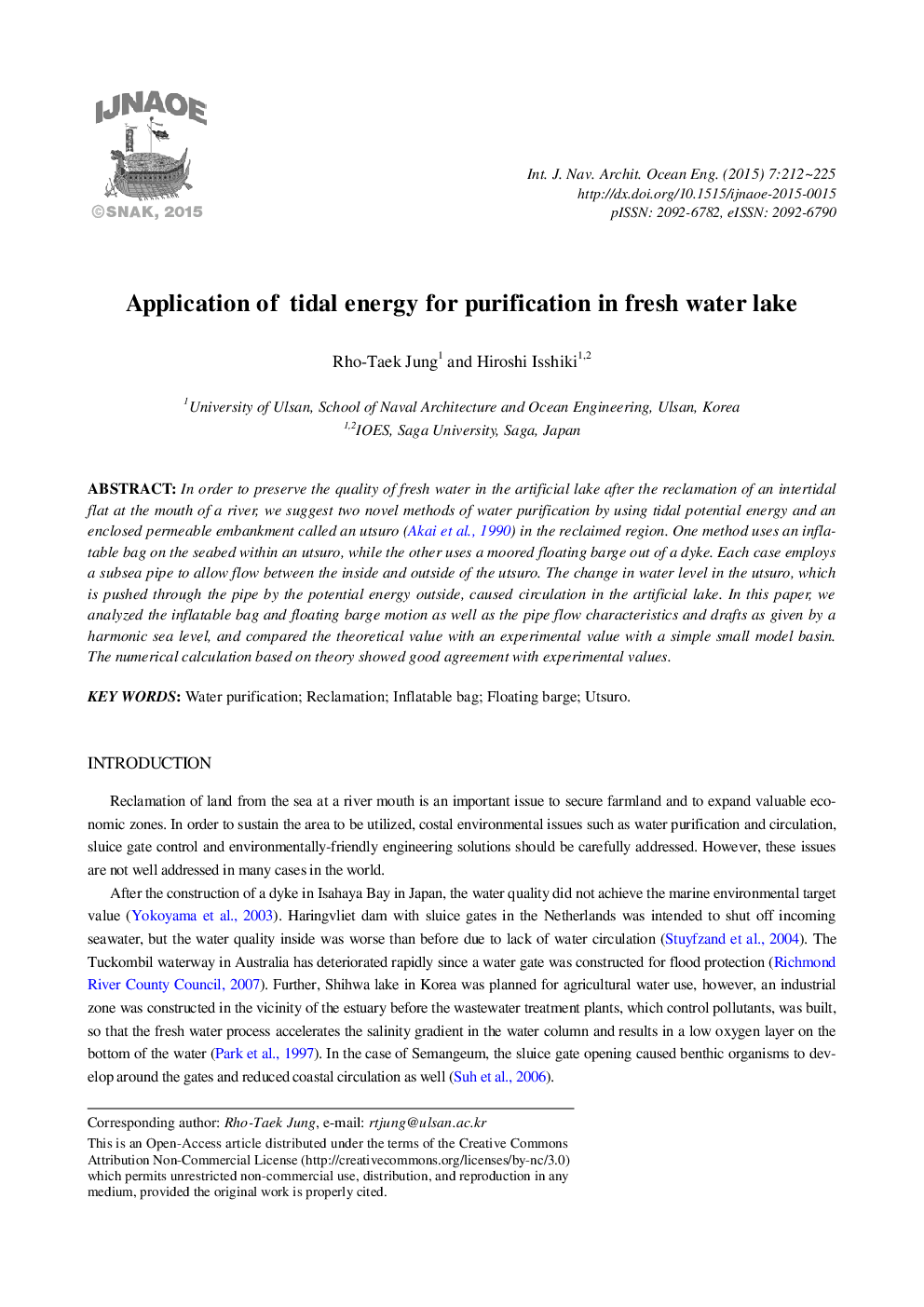 Application of tidal energy for purification in fresh water lake 