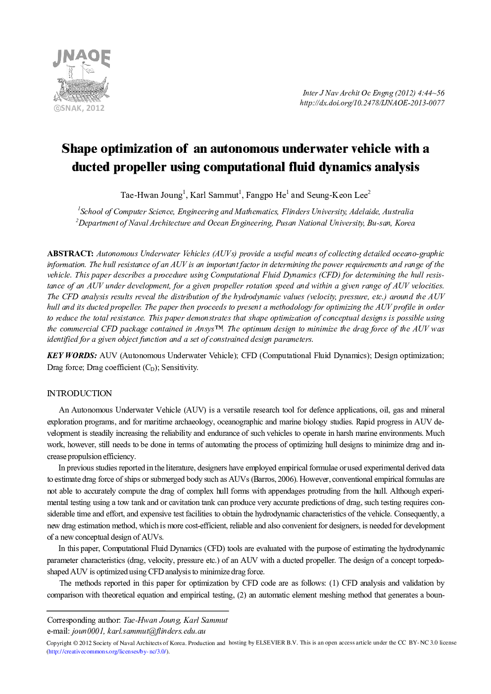 Shape optimization of an autonomous underwater vehicle with a ducted propeller using computational fluid dynamics analysis