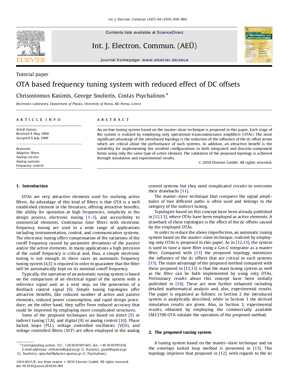 OTA based frequency tuning system with reduced effect of DC offsets