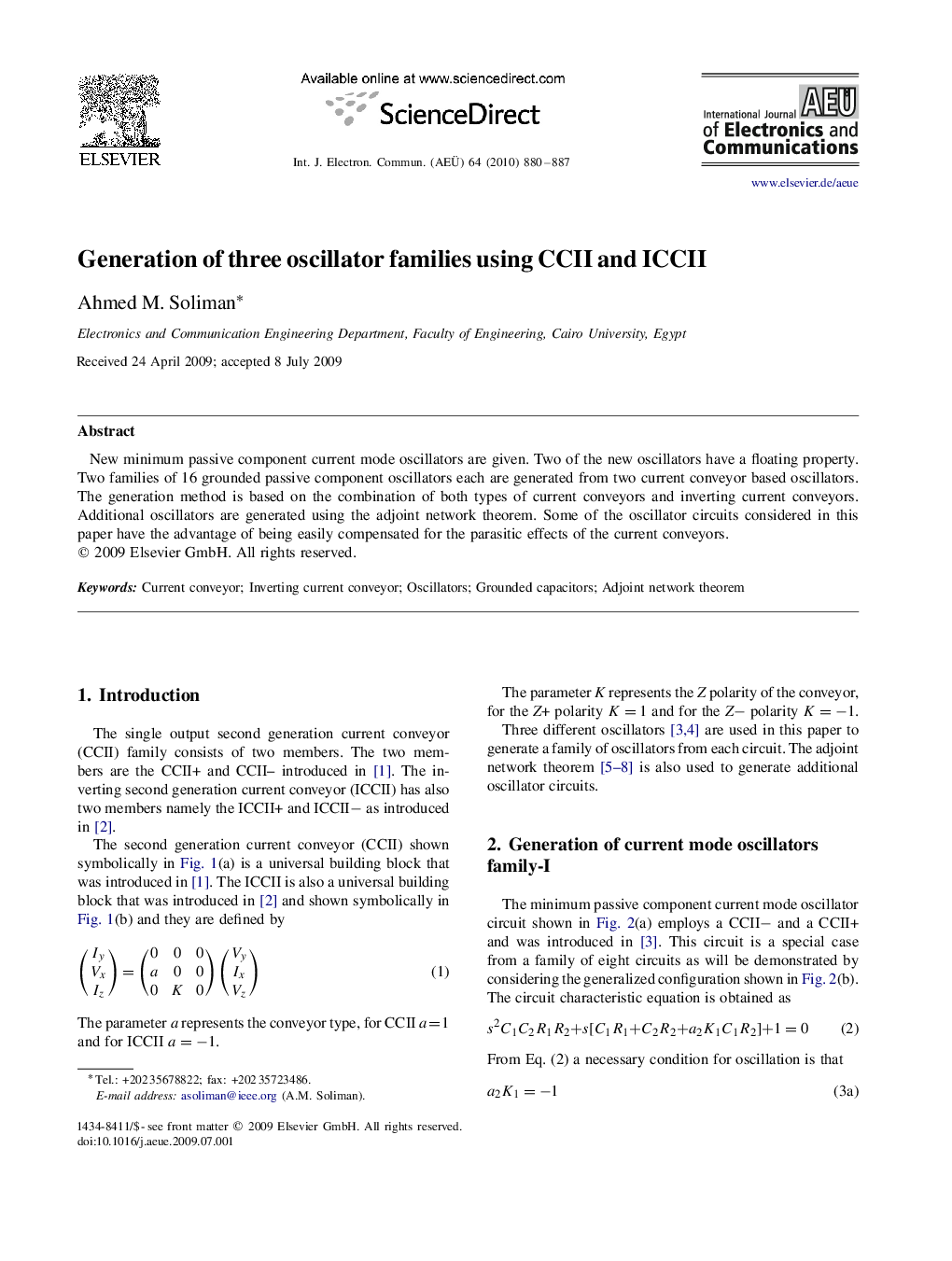 Generation of three oscillator families using CCII and ICCII