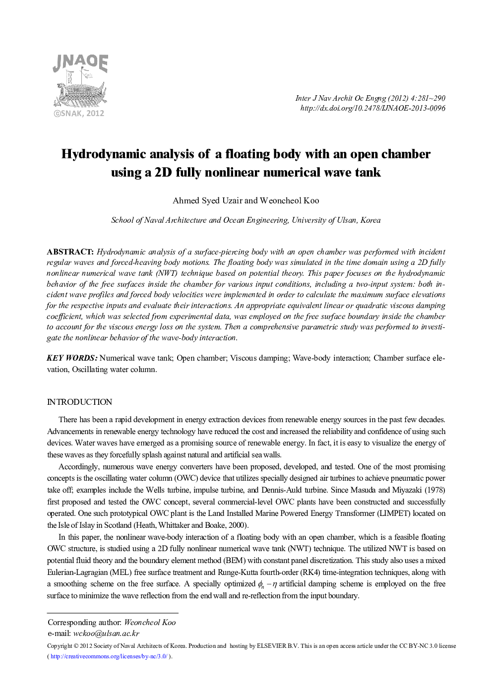 Hydrodynamic analysis of a floating body with an open chamber using a 2D fully nonlinear numerical wave tank