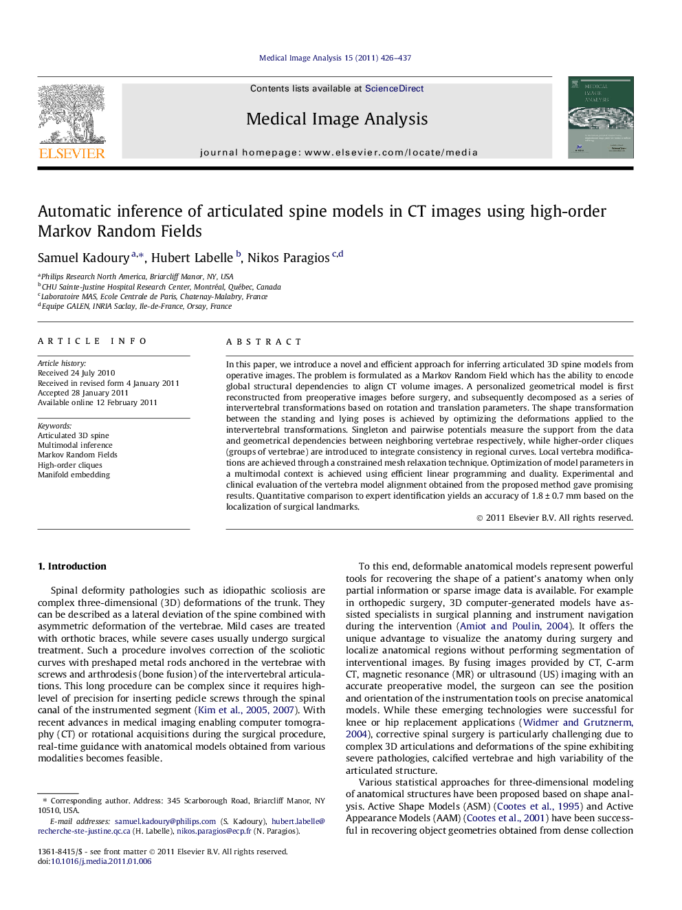 Automatic inference of articulated spine models in CT images using high-order Markov Random Fields