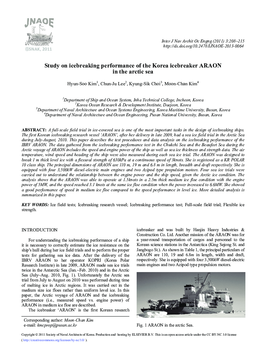 Study on icebreaking performance of the Korea icebreaker ARAON in the arctic sea