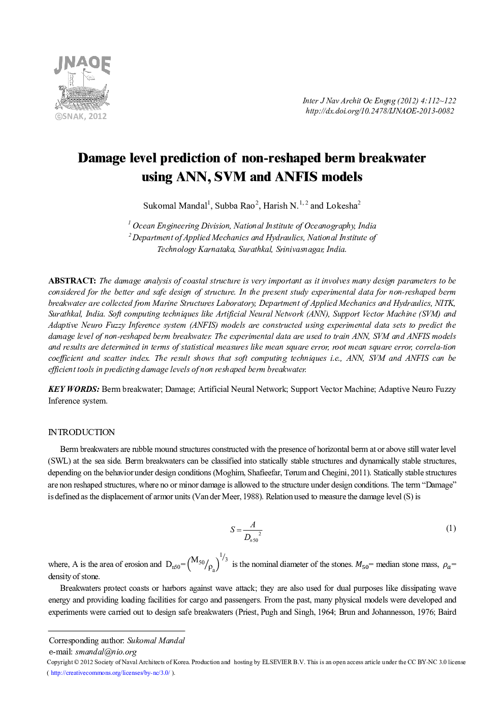 Damage level prediction of non-reshaped berm breakwater using ANN, SVM and ANFIS models