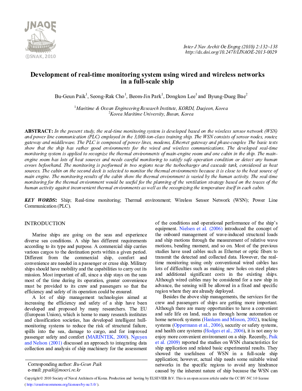 Development of real-time monitoring system using wired and wireless networks in a full-scale ship