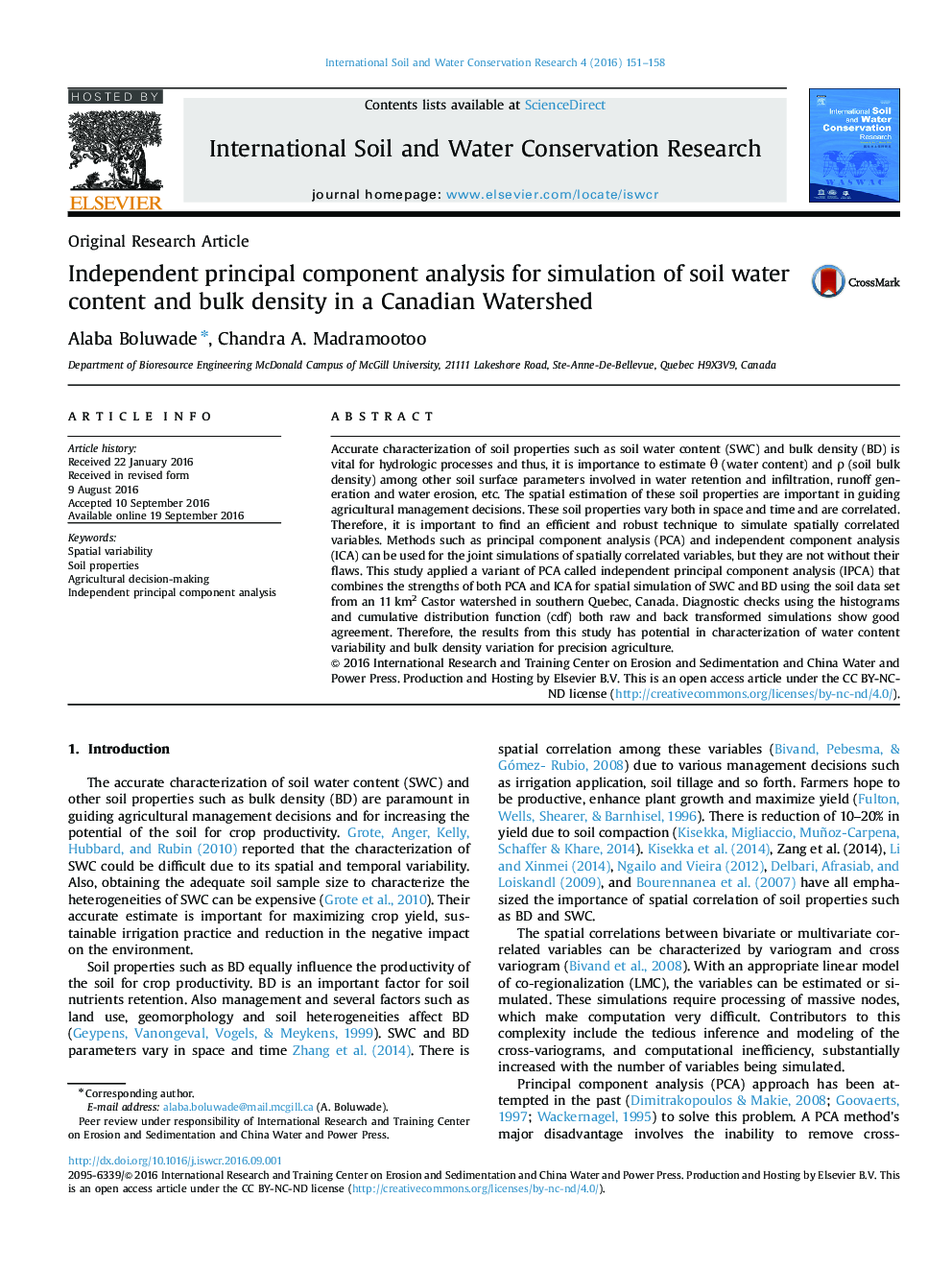 Independent principal component analysis for simulation of soil water content and bulk density in a Canadian Watershed 