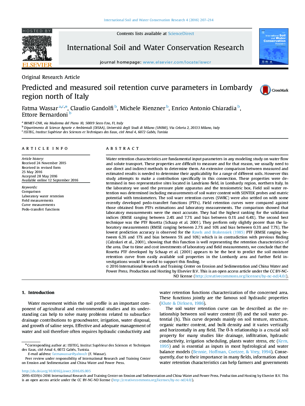 Predicted and measured soil retention curve parameters in Lombardy region north of Italy 