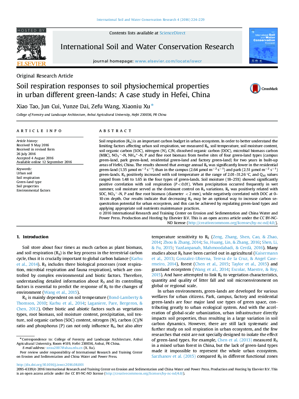 Soil respiration responses to soil physiochemical properties in urban different green-lands: A case study in Hefei, China 