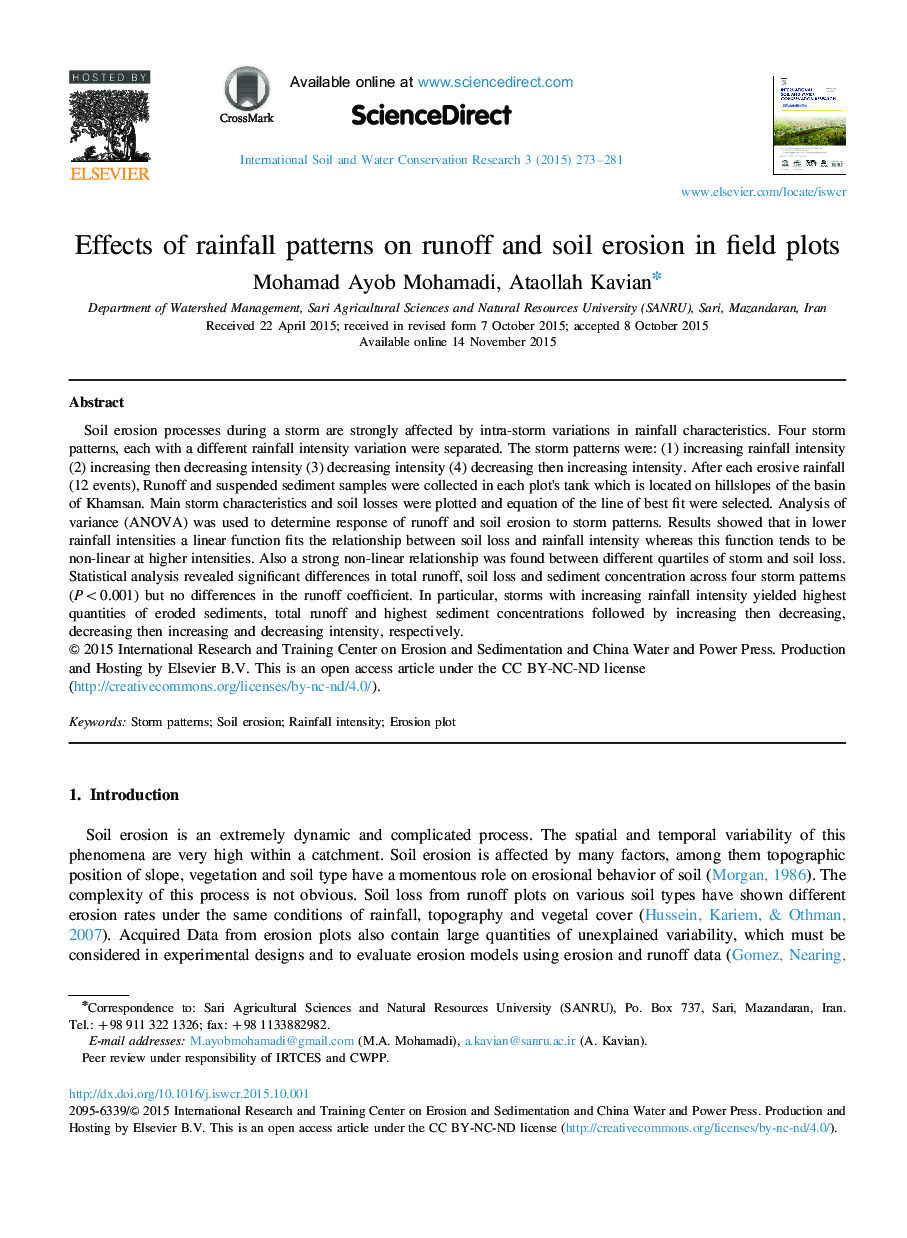 Effects of rainfall patterns on runoff and soil erosion in field plots 