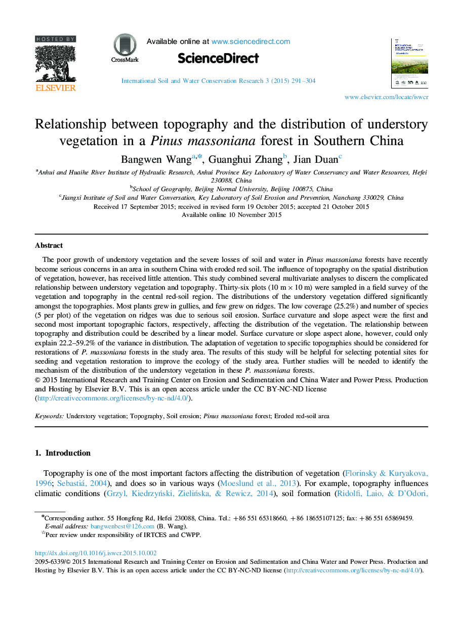 Relationship between topography and the distribution of understory vegetation in a Pinus massoniana forest in Southern China 