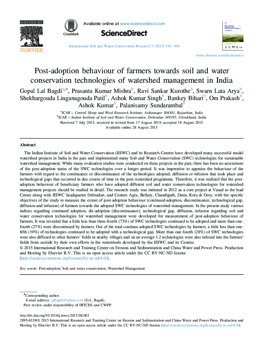 Post-adoption behaviour of farmers towards soil and water conservation technologies of watershed management in India 