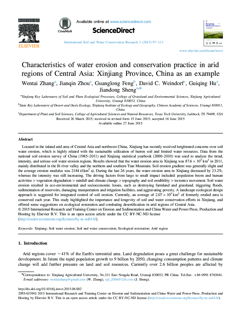 Characteristics of water erosion and conservation practice in arid regions of Central Asia: Xinjiang Province, China as an example