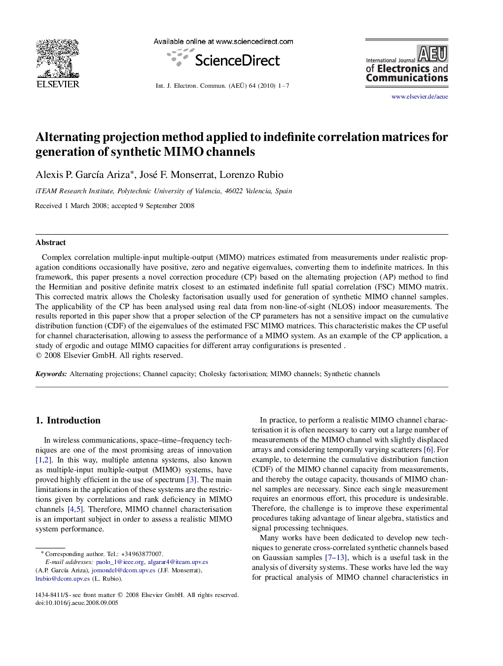 Alternating projection method applied to indefinite correlation matrices for generation of synthetic MIMO channels