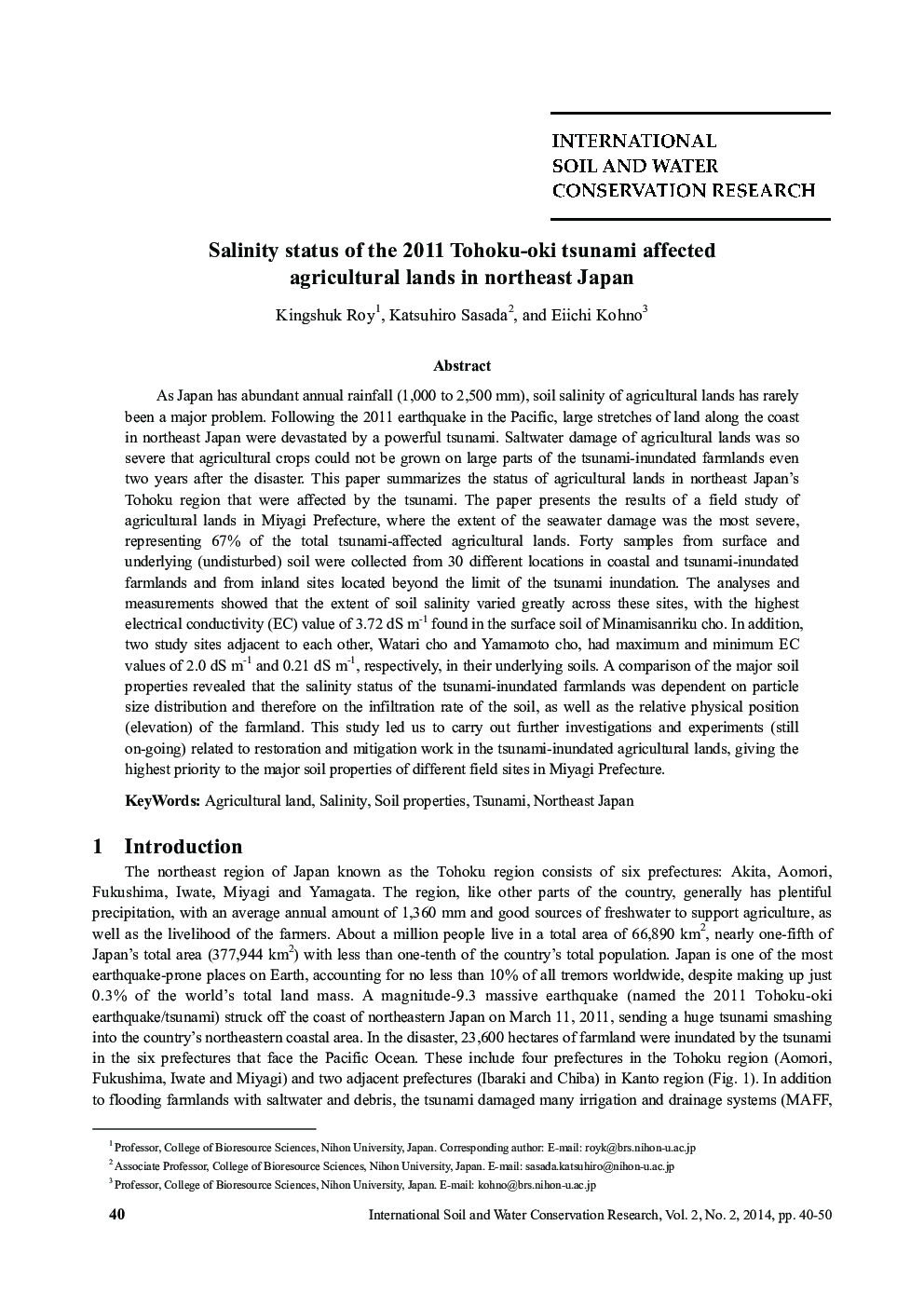 Salinity status of the 2011 Tohoku-oki tsunami affected agricultural lands in northeast Japan