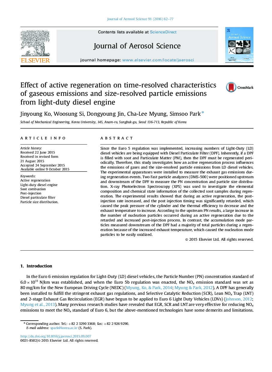 Effect of active regeneration on time-resolved characteristics of gaseous emissions and size-resolved particle emissions from light-duty diesel engine