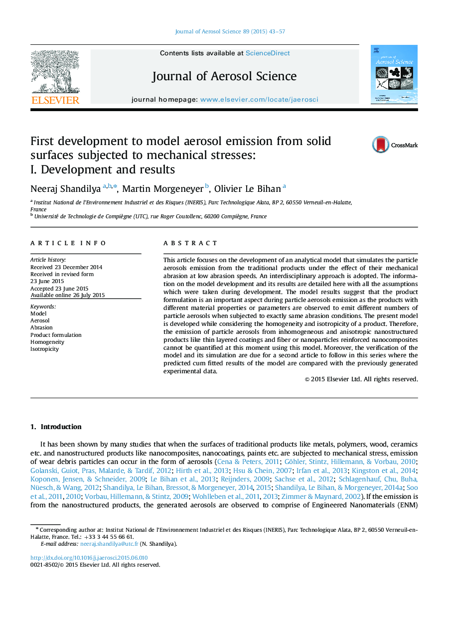 First development to model aerosol emission from solid surfaces subjected to mechanical stresses: I. Development and results