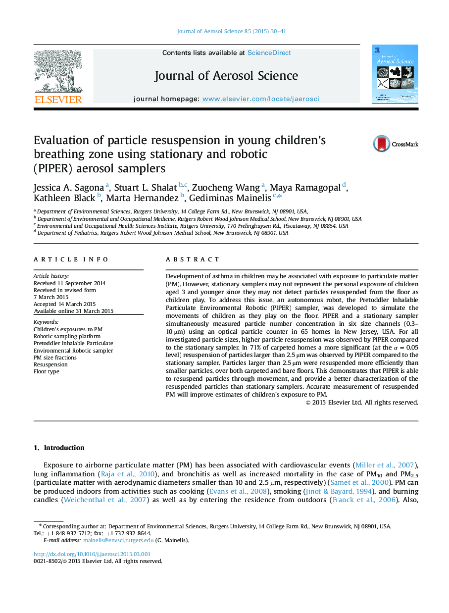 Evaluation of particle resuspension in young children׳s breathing zone using stationary and robotic (PIPER) aerosol samplers