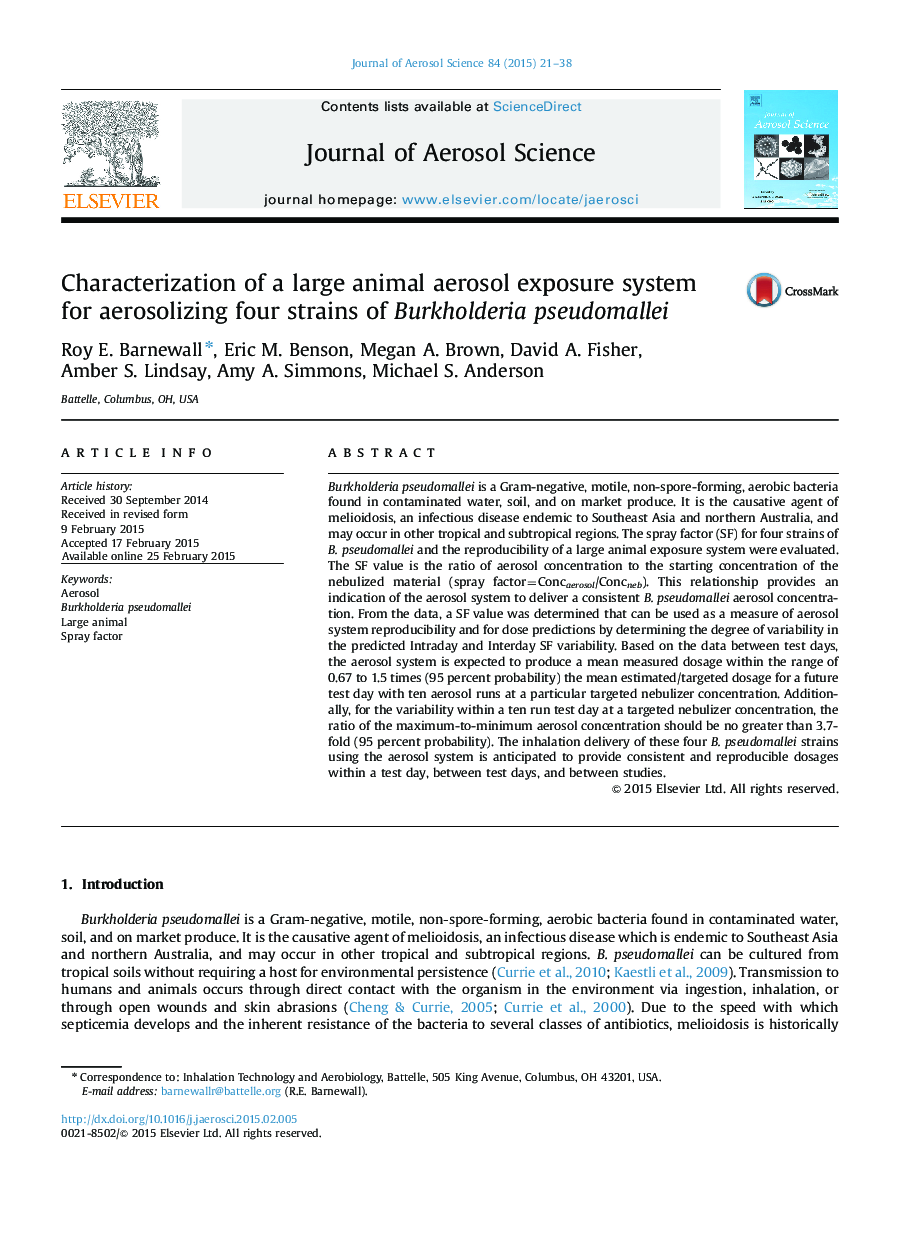 Characterization of a large animal aerosol exposure system for aerosolizing four strains of Burkholderia pseudomallei