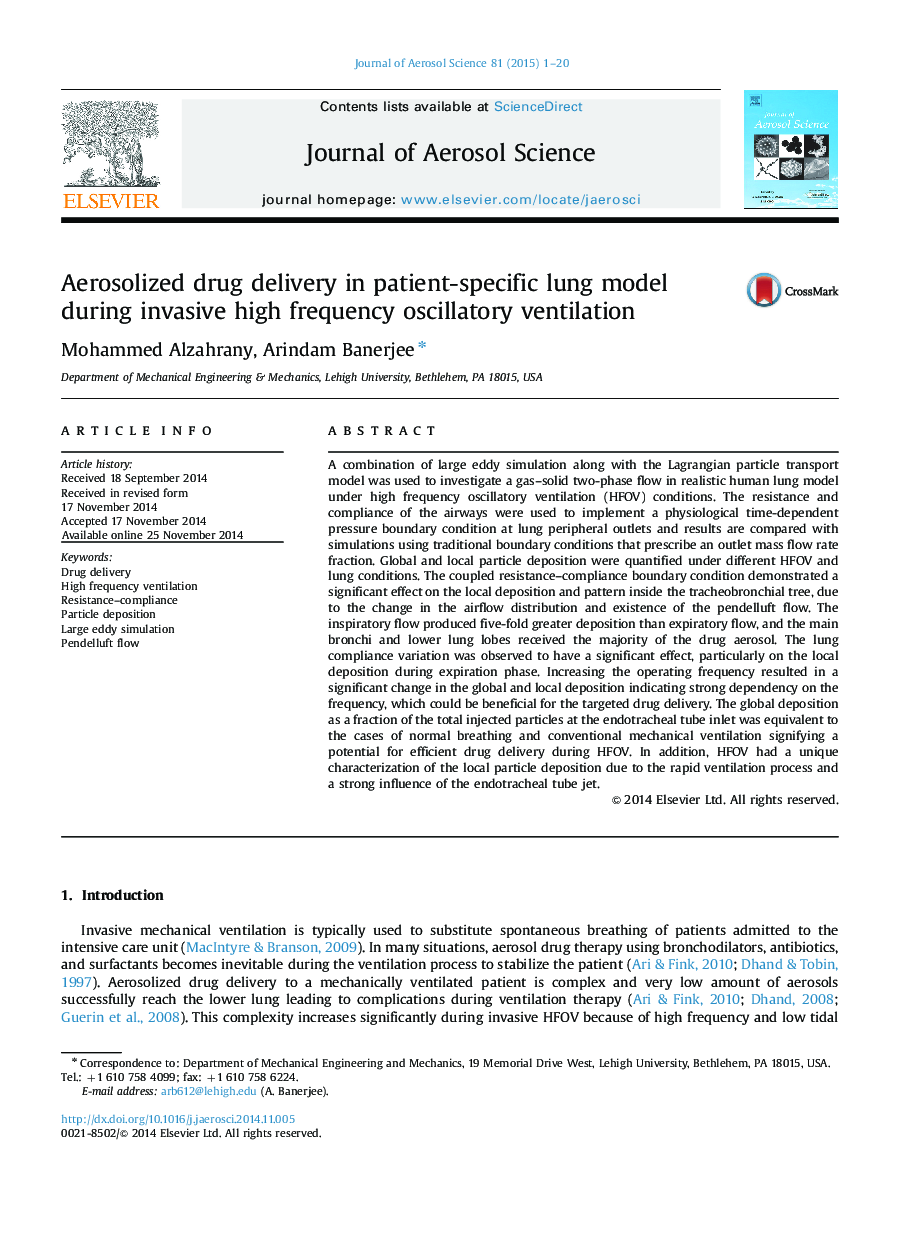 Aerosolized drug delivery in patient-specific lung model during invasive high frequency oscillatory ventilation