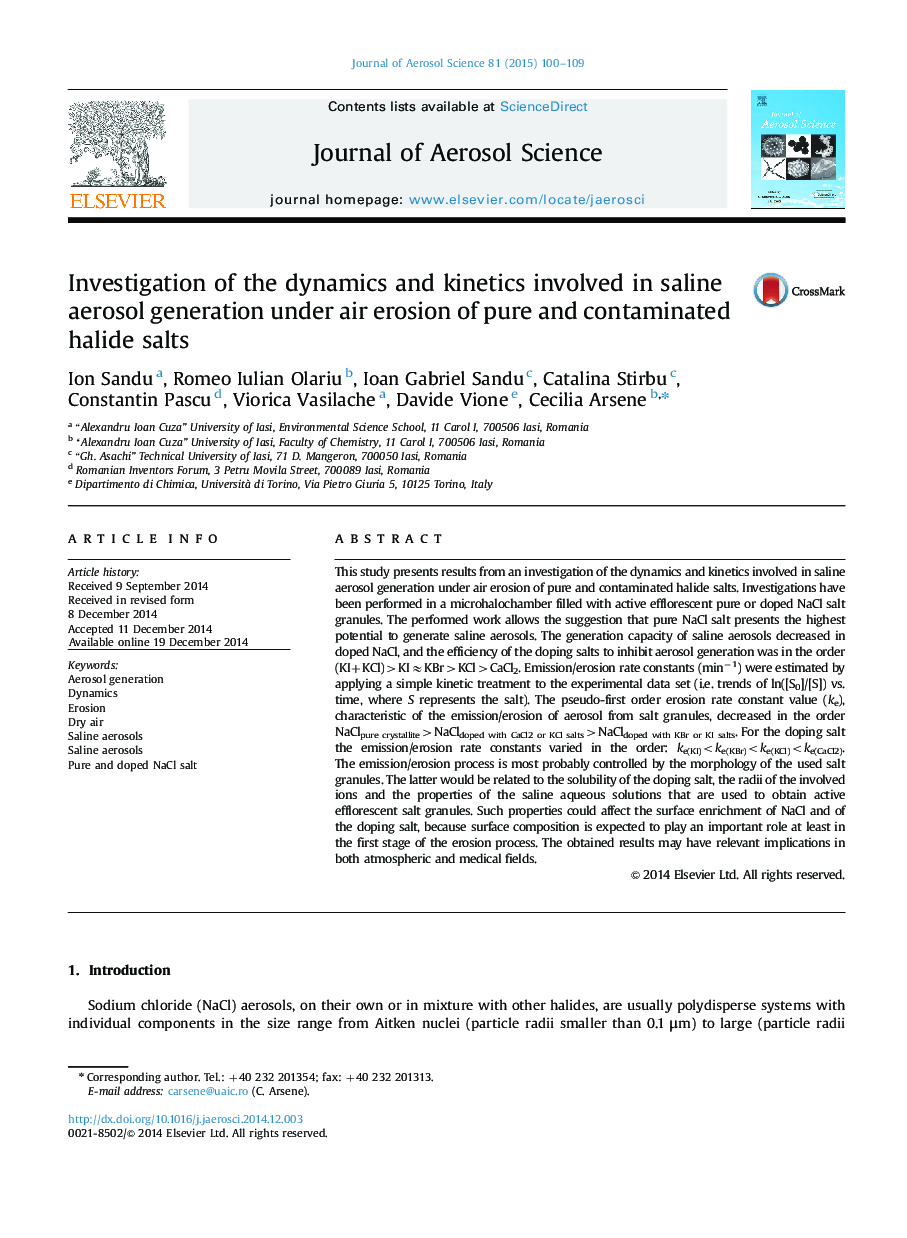 Investigation of the dynamics and kinetics involved in saline aerosol generation under air erosion of pure and contaminated halide salts