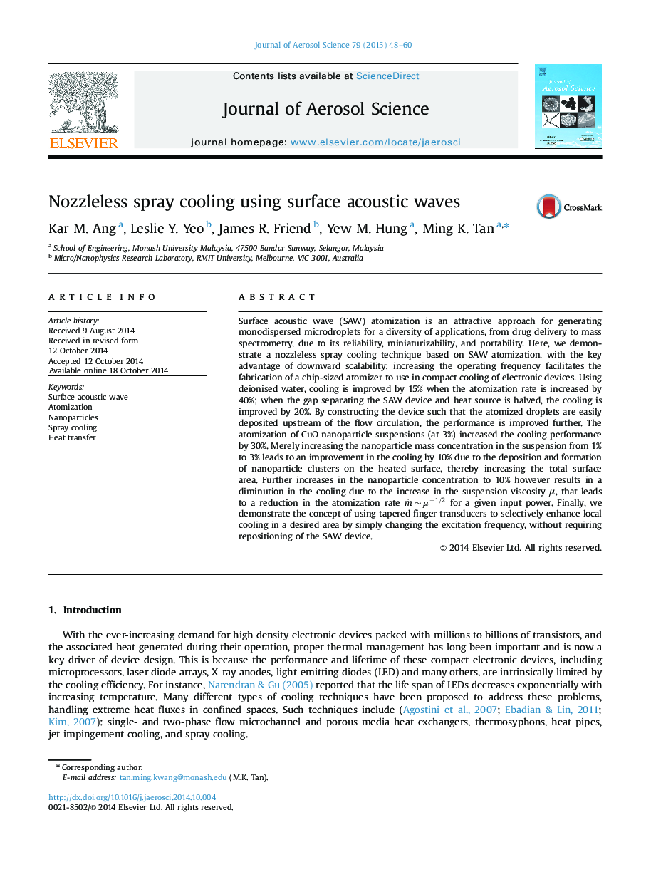 Nozzleless spray cooling using surface acoustic waves